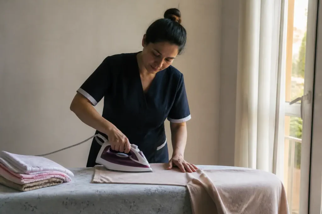 Aide de maison repassant du linge pres fenetre