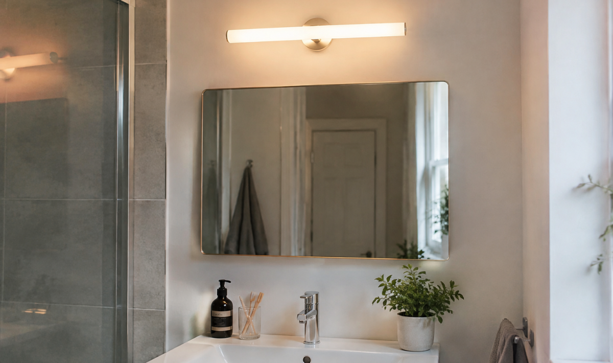 Applique murale blanche allumee au dessus du lavabo