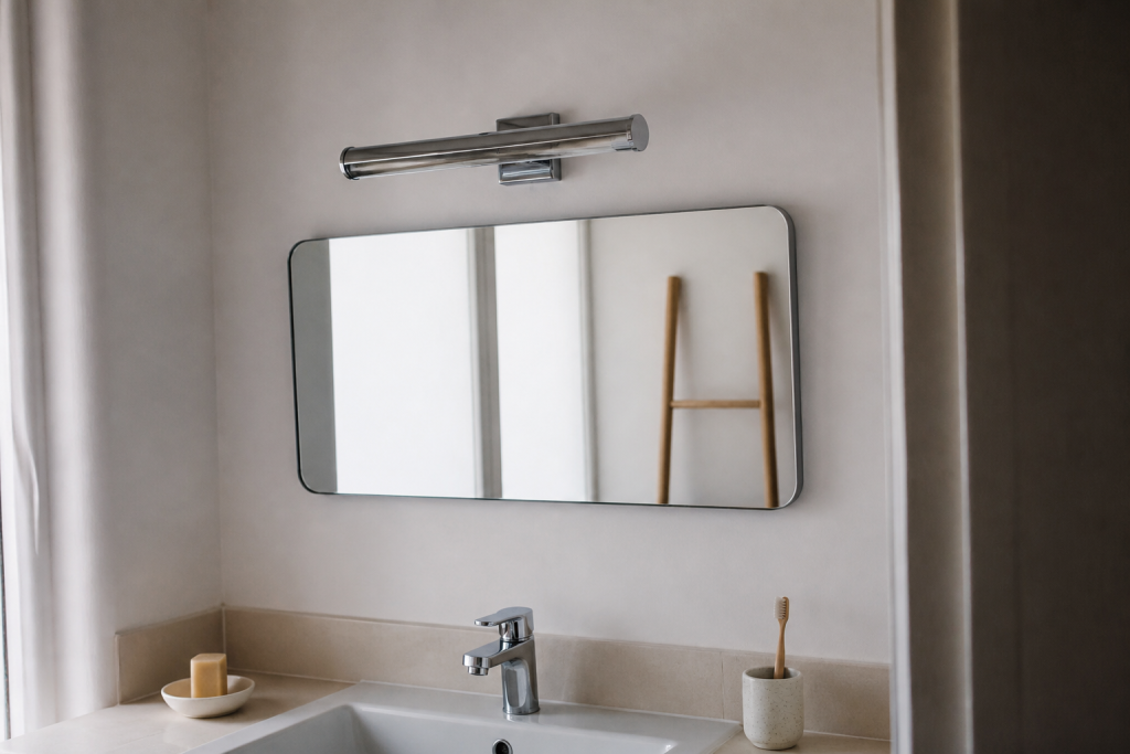 Applique murale chromee fixee au dessus du lavabo