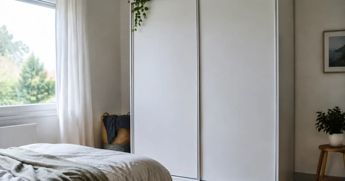 Armoire blanche avec portes coulissantes dans une chambre lumineuse