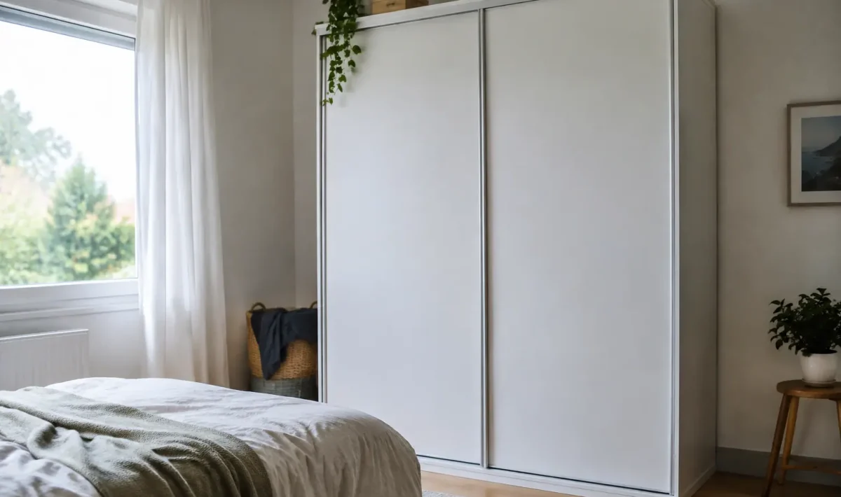 Armoire blanche avec portes coulissantes dans une chambre lumineuse