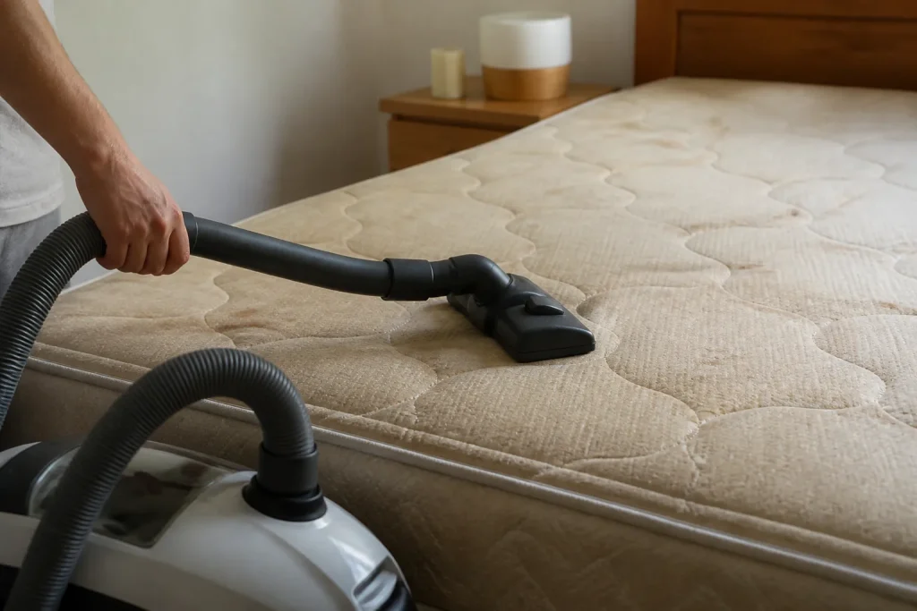 Aspirateur branche sur un matelas beige dans une chambre