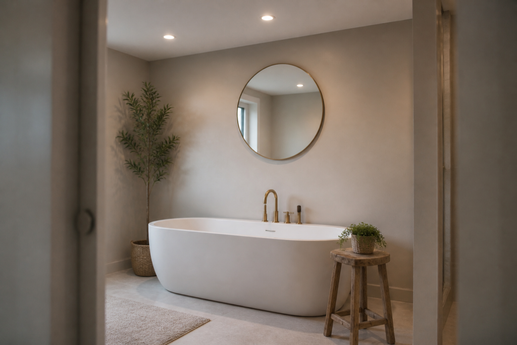 Baignoire blanche sous spots encastres, miroir rond au mur