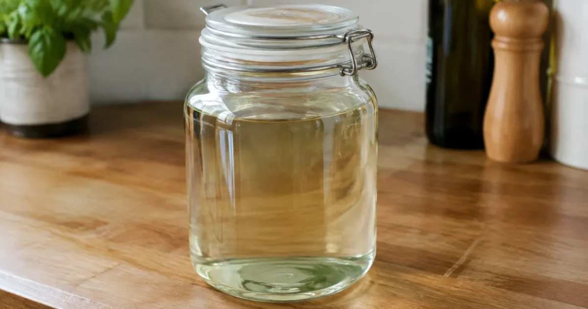 Bocal en verre rempli de vinaigre sur comptoir cuisine