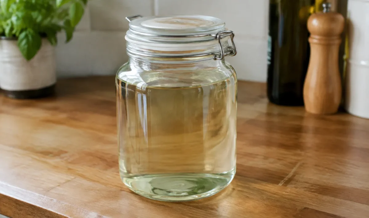 Bocal en verre rempli de vinaigre sur comptoir cuisine