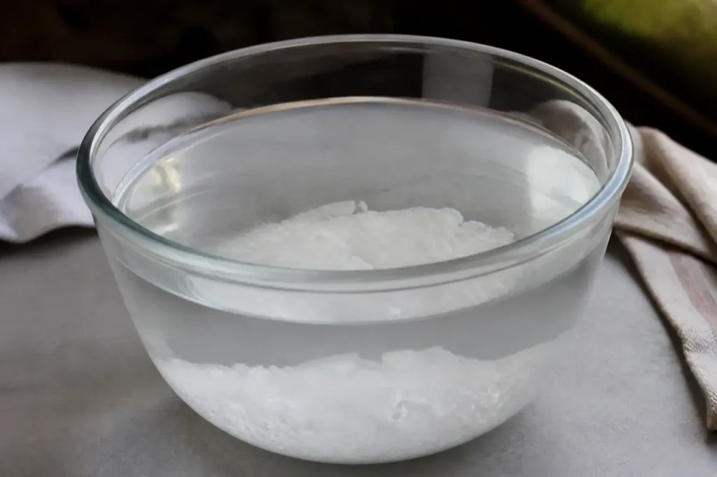 Bol transparent rempli avec eau froide et gros sel