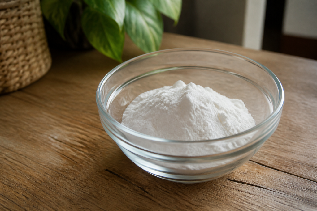 Bol en verre de bicarbonate sur table en bois