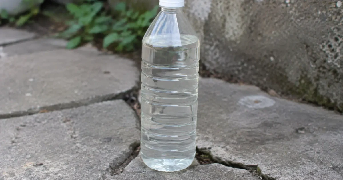Bouteille de vinaigre blanc posee sur un pave fissure