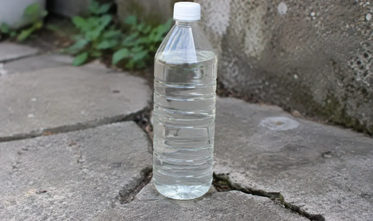 Bouteille de vinaigre blanc posee sur un pave fissure
