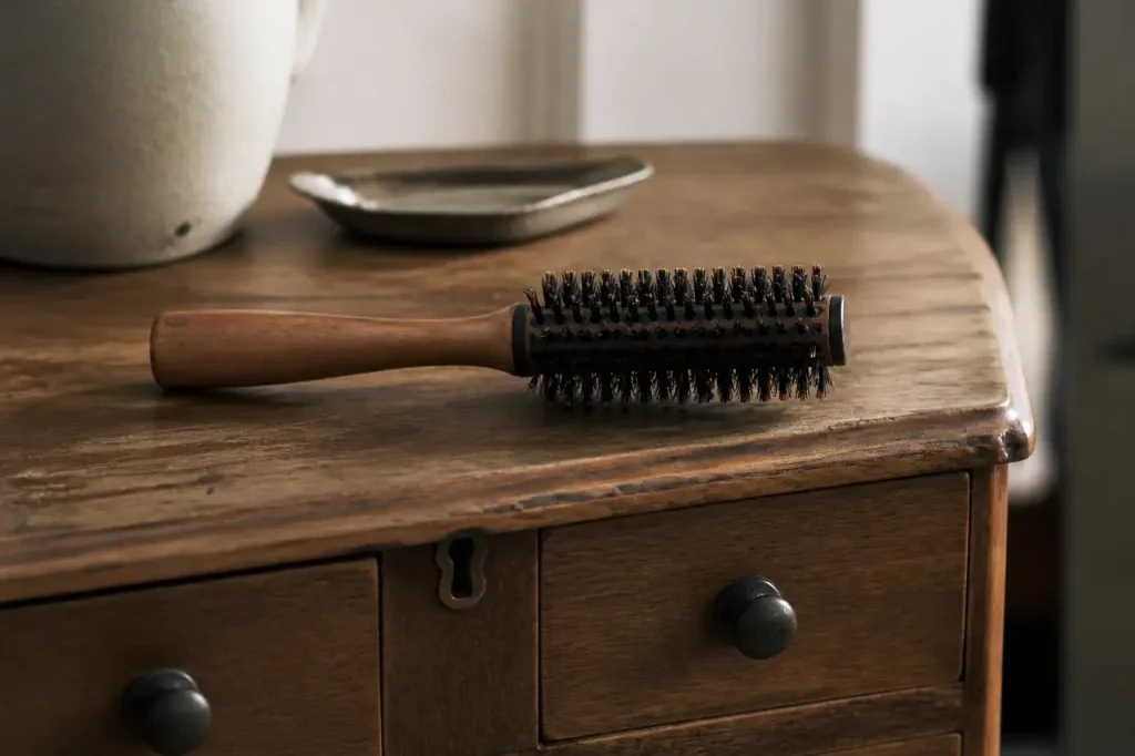 Brosse ronde posee sur un tiroir en bois