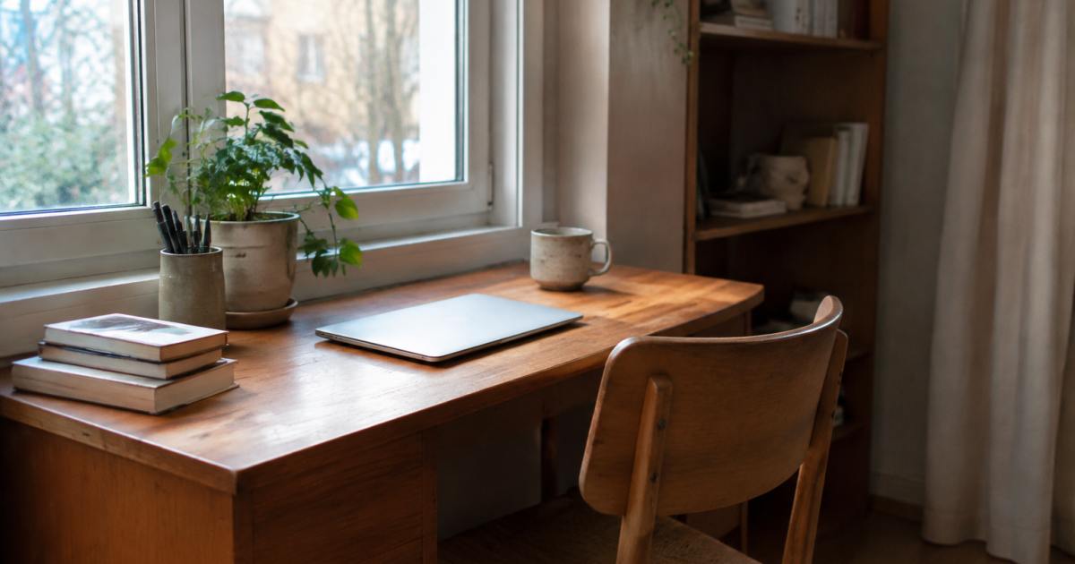 Bureau en bois pres de la fenetre avec chaise