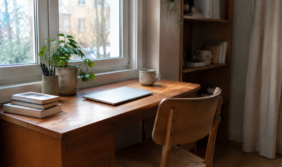 Bureau en bois pres de la fenetre avec chaise