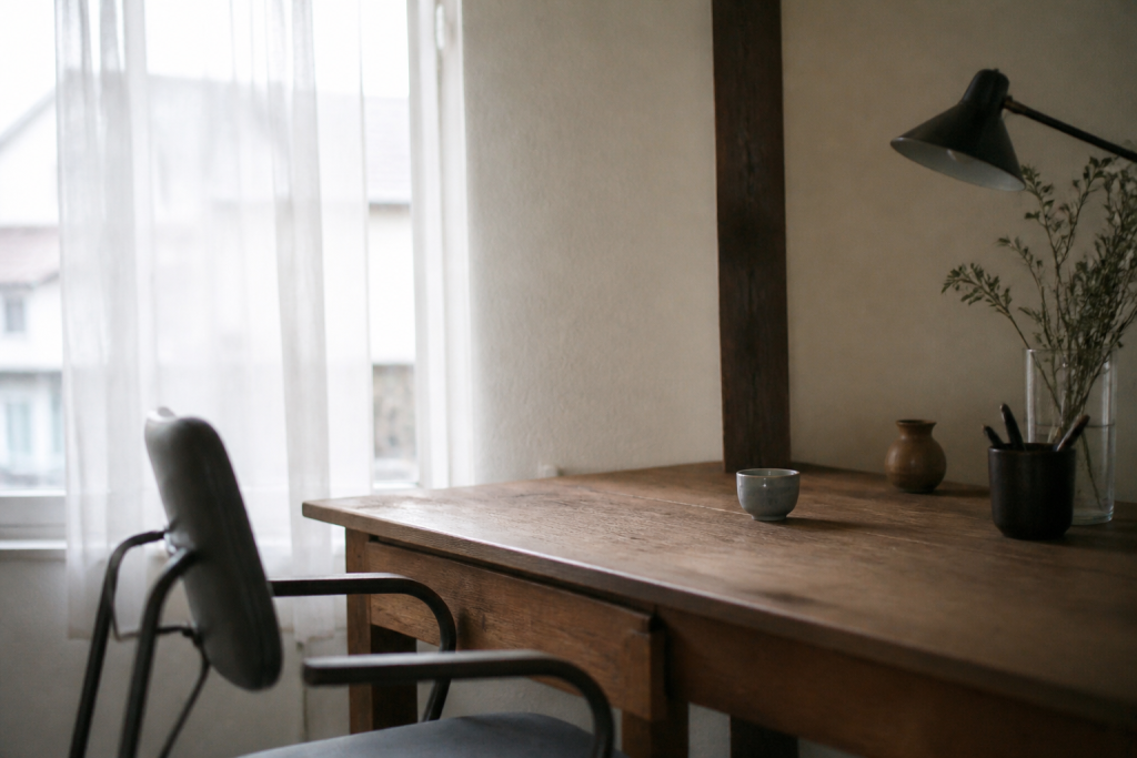 Bureau de profil pres de la fenetre voilage blanc