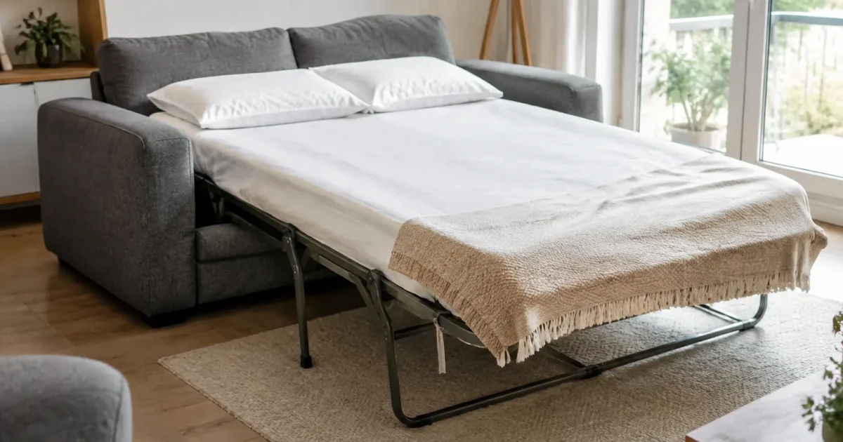 Canape convertible deplie en couchage dans un salon lumineux
