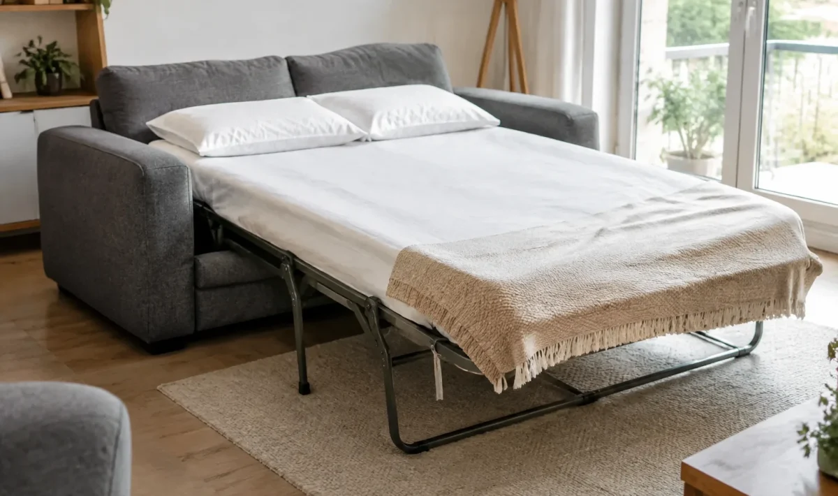 Canape convertible deplie en couchage dans un salon lumineux