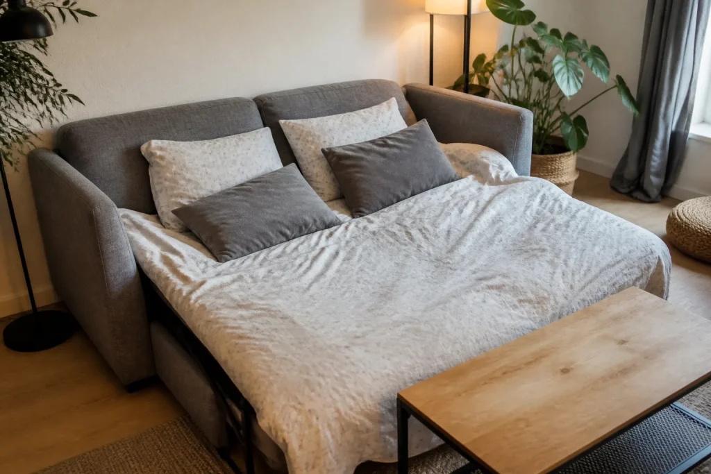 Canape gris convertible ouvert avec coussins et table basse
