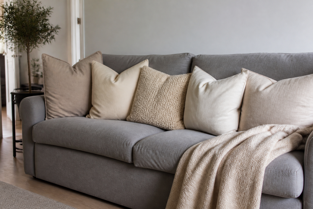 Canape gris avec coussins alignes et plaid beige