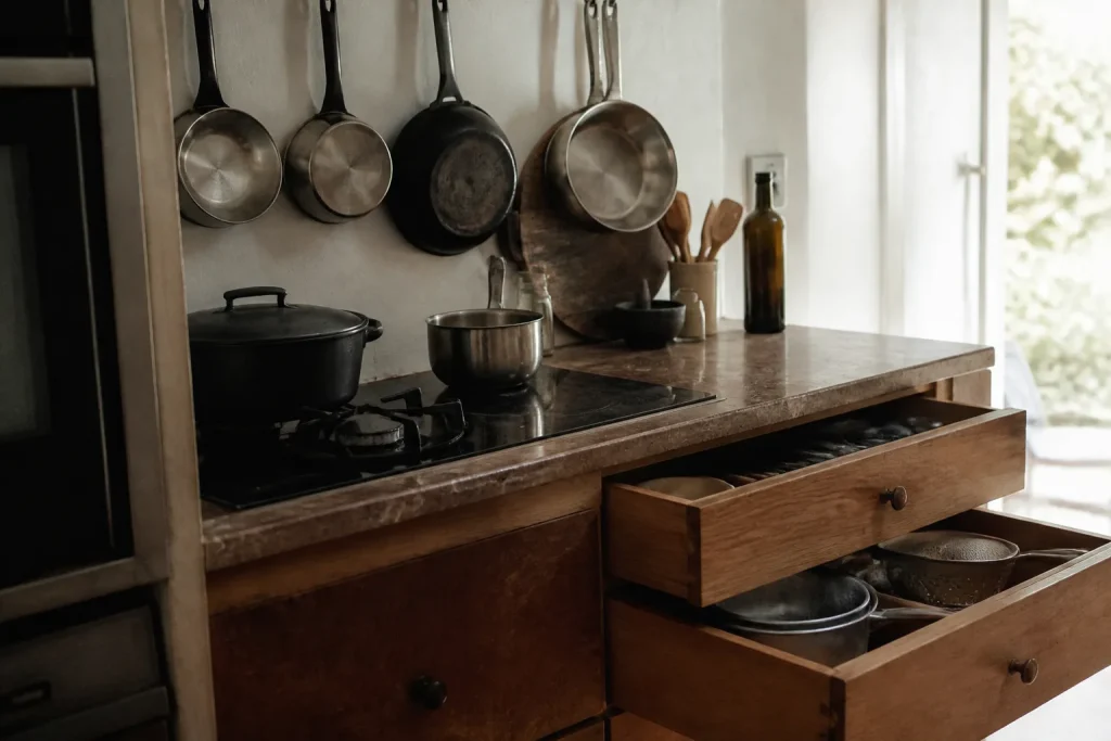 Casseroles suspendues pres de la plaque, tiroirs profonds ouverts