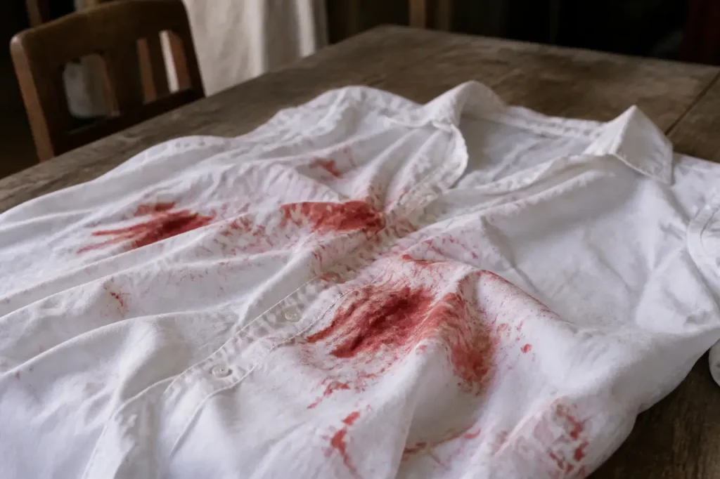 Chemise blanche tachee de sang posee sur une table