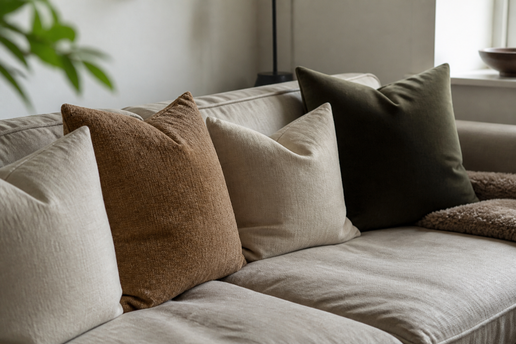 Coussins en lin velours et laine sur un canape