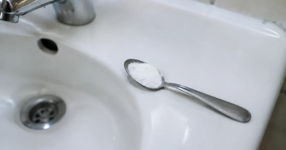 Cuillere de poudre blanche posee sur un lavabo blanc