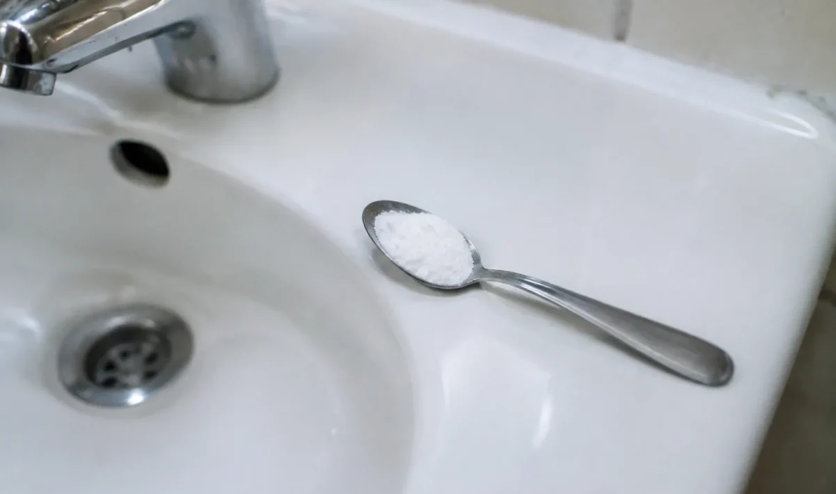 Cuillere de poudre blanche posee sur un lavabo blanc