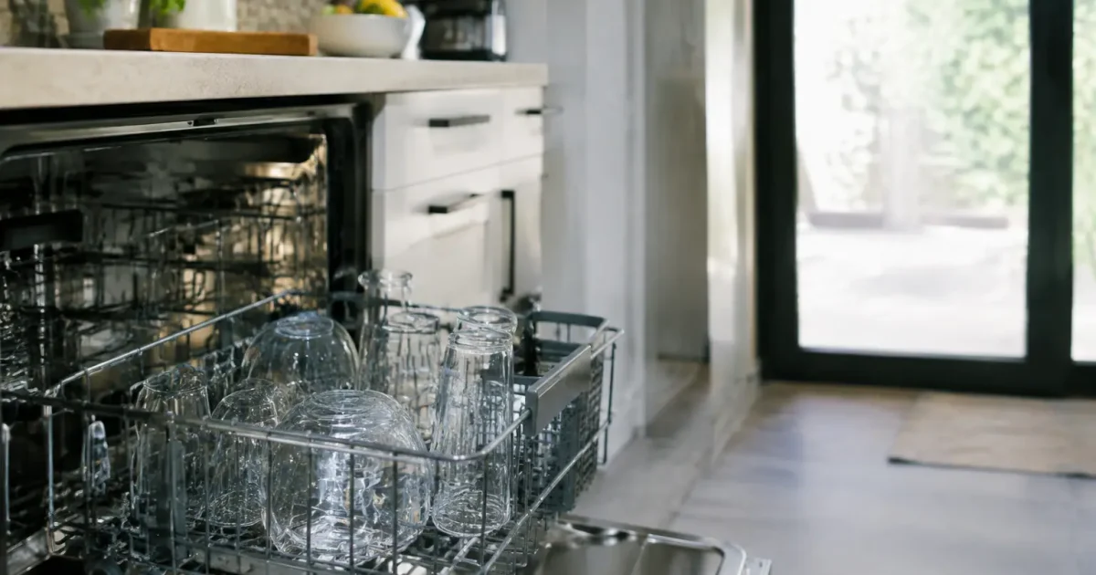 Cuisine moderne, porte ouverte, panier rempli de verres propres