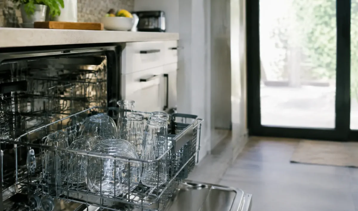 Cuisine moderne, porte ouverte, panier rempli de verres propres