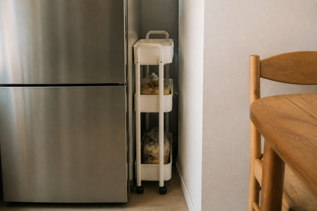 Desserte etroite sur roulettes glissee entre frigo et mur