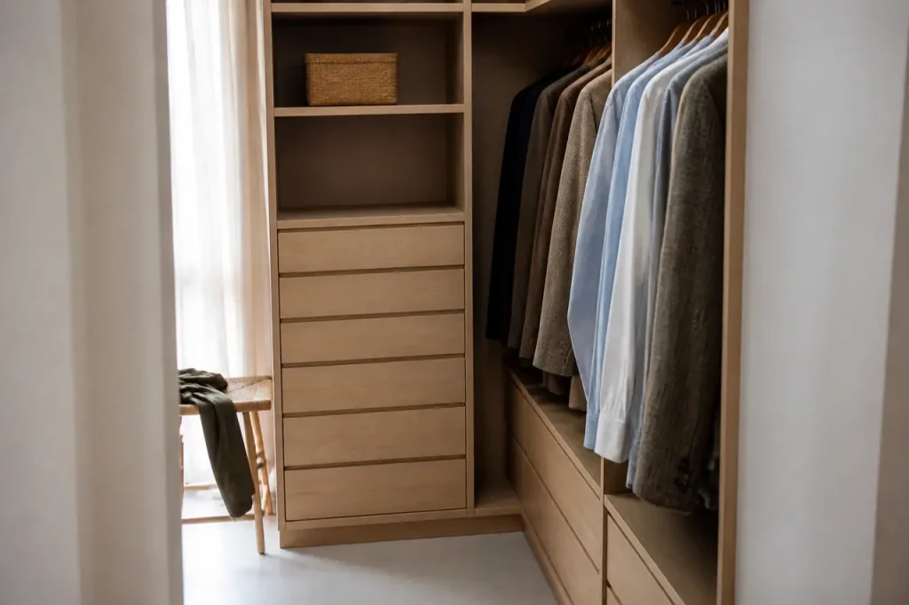 Dressing bois clair avec manteaux suspendus et chemises