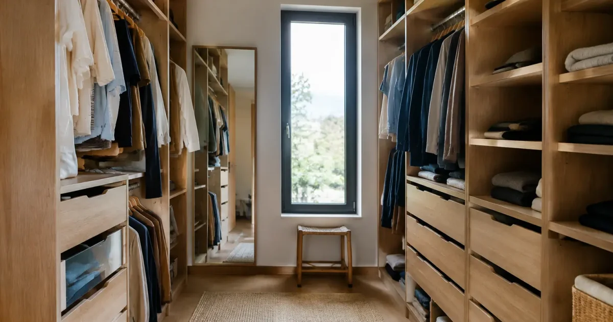 Dressing ouvert en bois avec portants et tiroirs