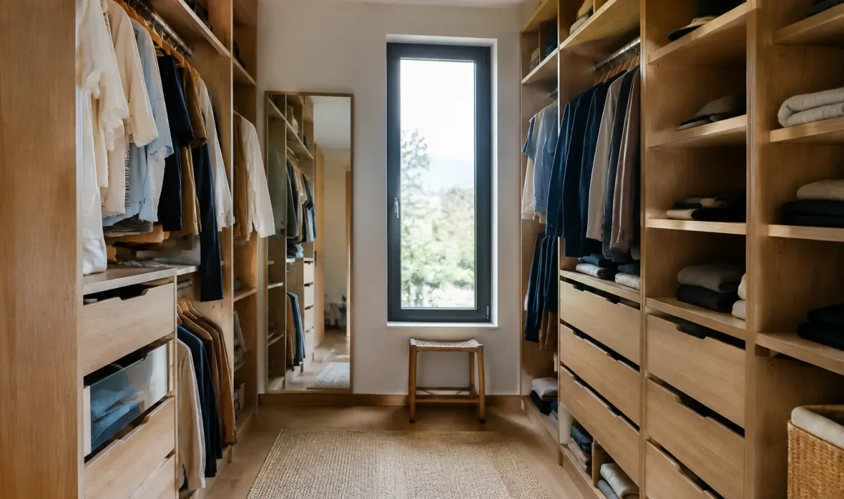 Dressing ouvert en bois avec portants et tiroirs