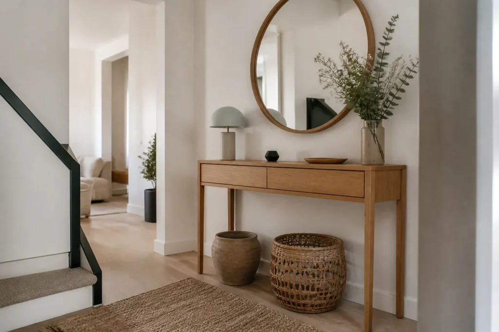 Entree claire avec console en bois et miroir rond
