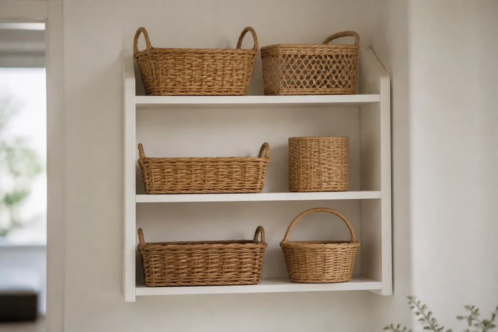 Etagere murale blanche avec paniers en osier