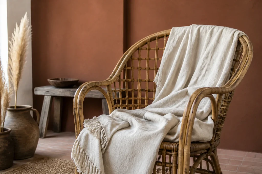 Fauteuil en rotin, plaid en lin, mur terracotta