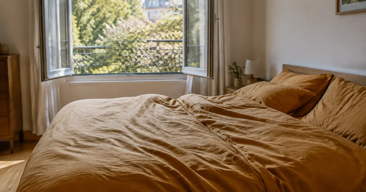 Grand lit aux draps ocre devant fenetre ouverte