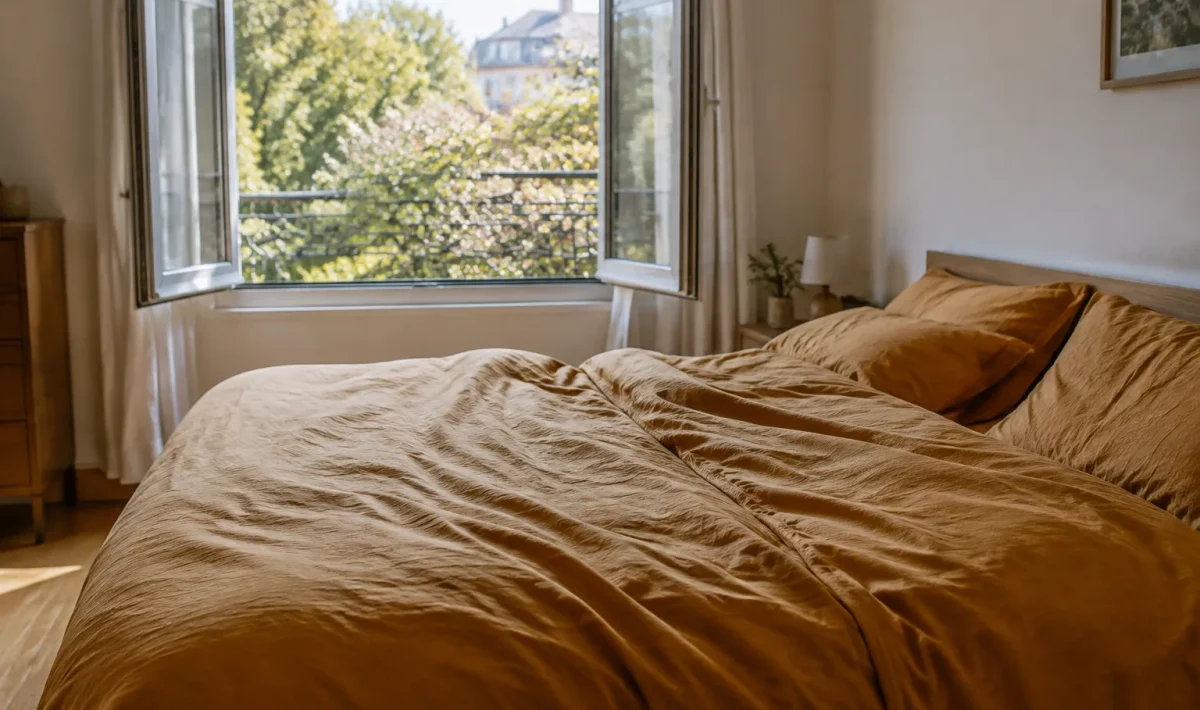 Grand lit aux draps ocre devant fenetre ouverte