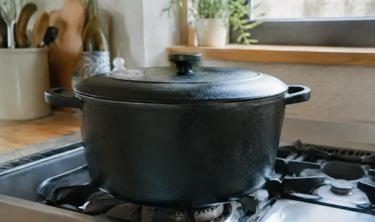 Grande marmite en fonte posee sur une cuisiniere