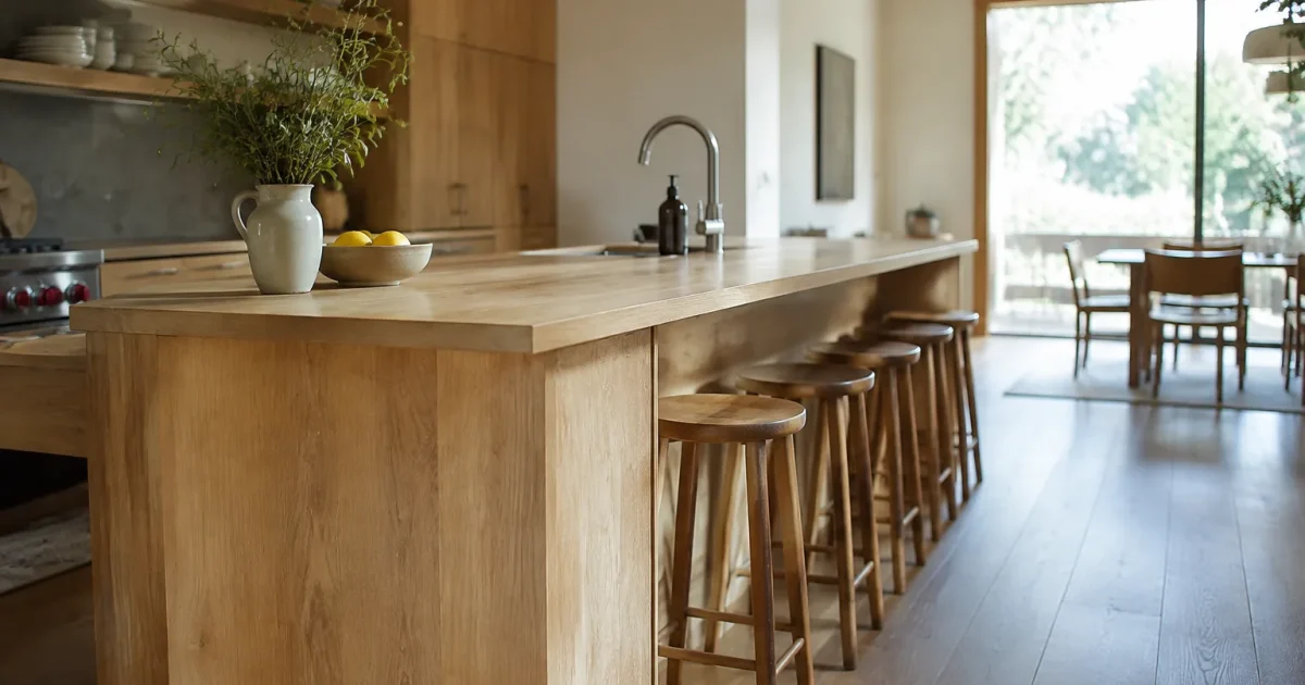 Ilot central en bois clair avec tabourets alignes
