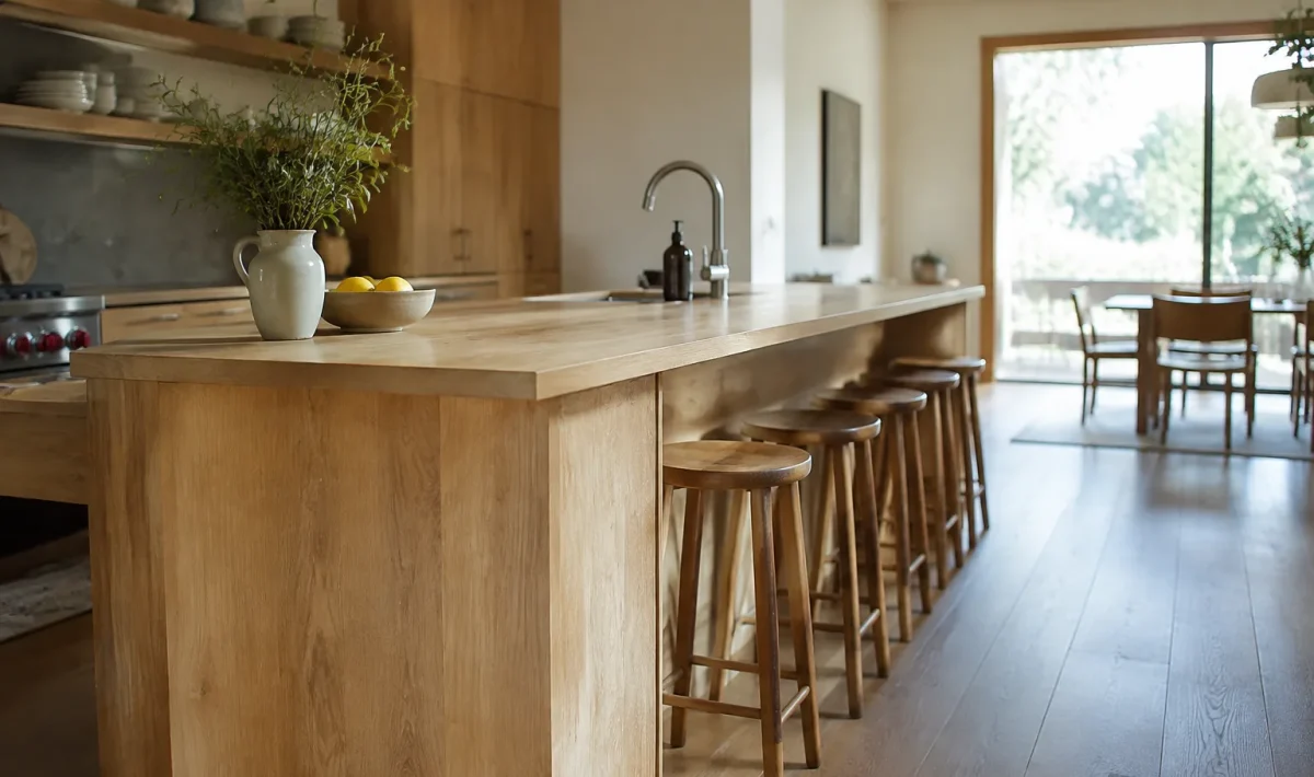 Ilot central en bois clair avec tabourets alignes