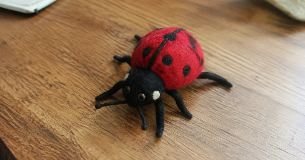 Insecte en feutrine etale sur une table en bois