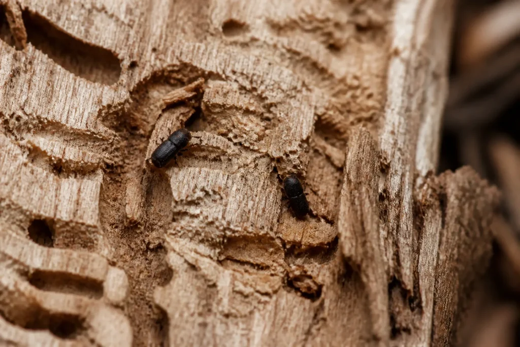 Insectes noirs sur planche de bois creusee, galerie visible