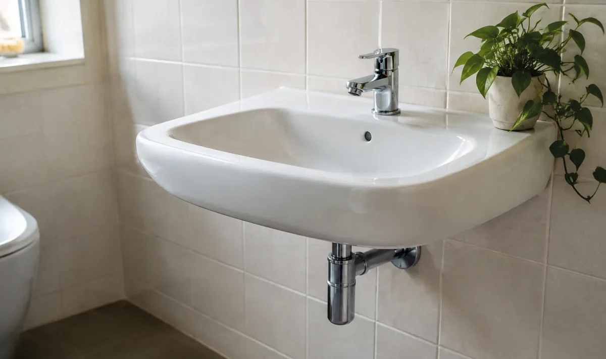 Lavabo blanc suspendu contre un mur de carreaux clairs