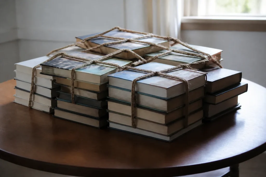 Livres empiles formant un filet sur table ronde