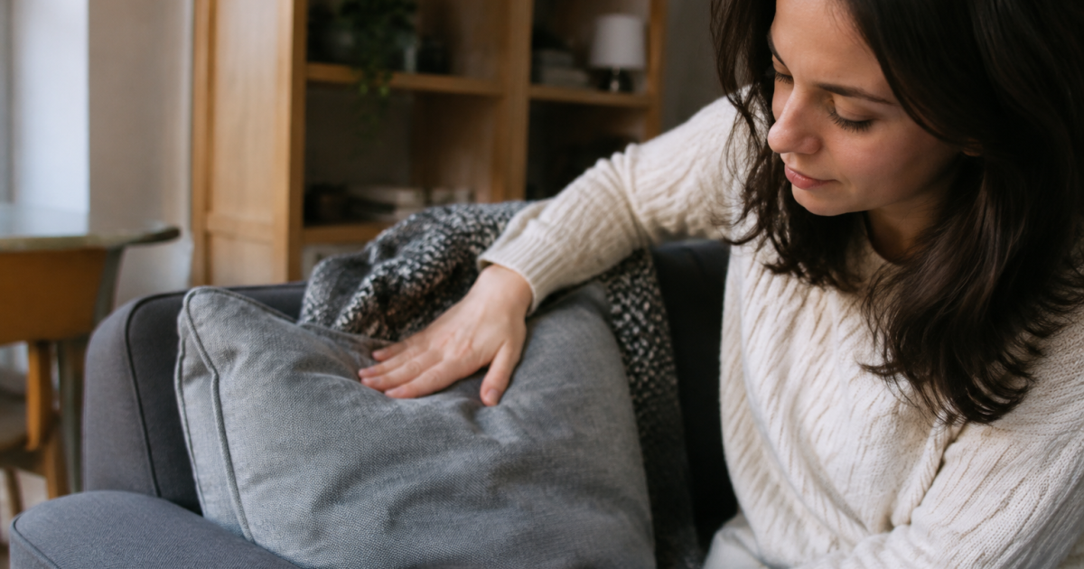 Main frottant un coussin gris pose sur accoudoir