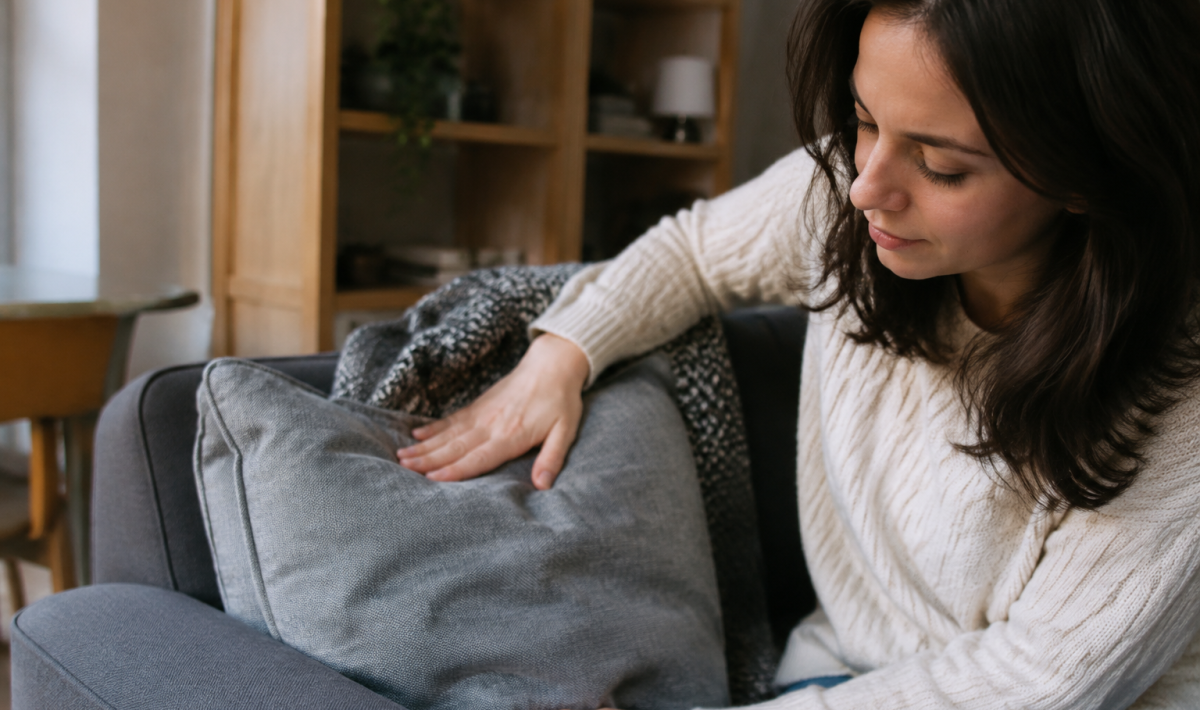 Main frottant un coussin gris pose sur accoudoir
