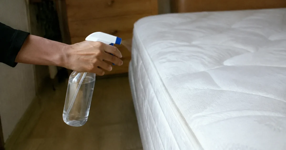 Main tenant un spray devant un matelas blanc