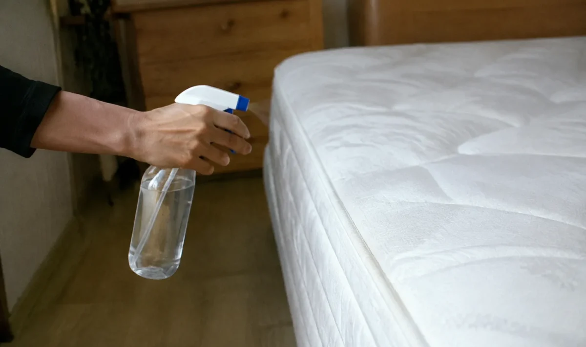Main tenant un spray devant un matelas blanc
