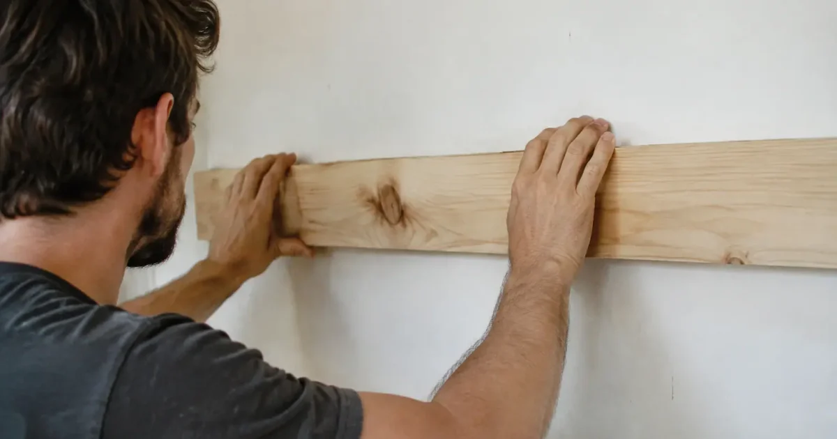 Mains ajustant une planche en bois sur un mur