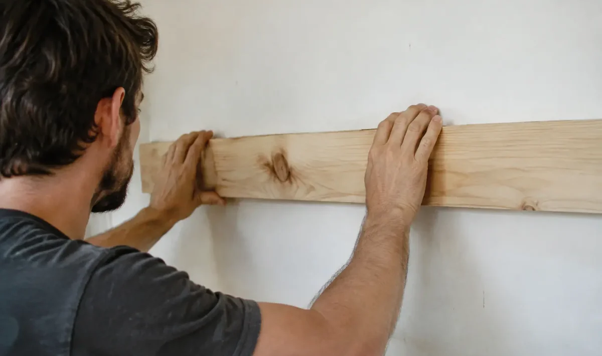 Mains ajustant une planche en bois sur un mur